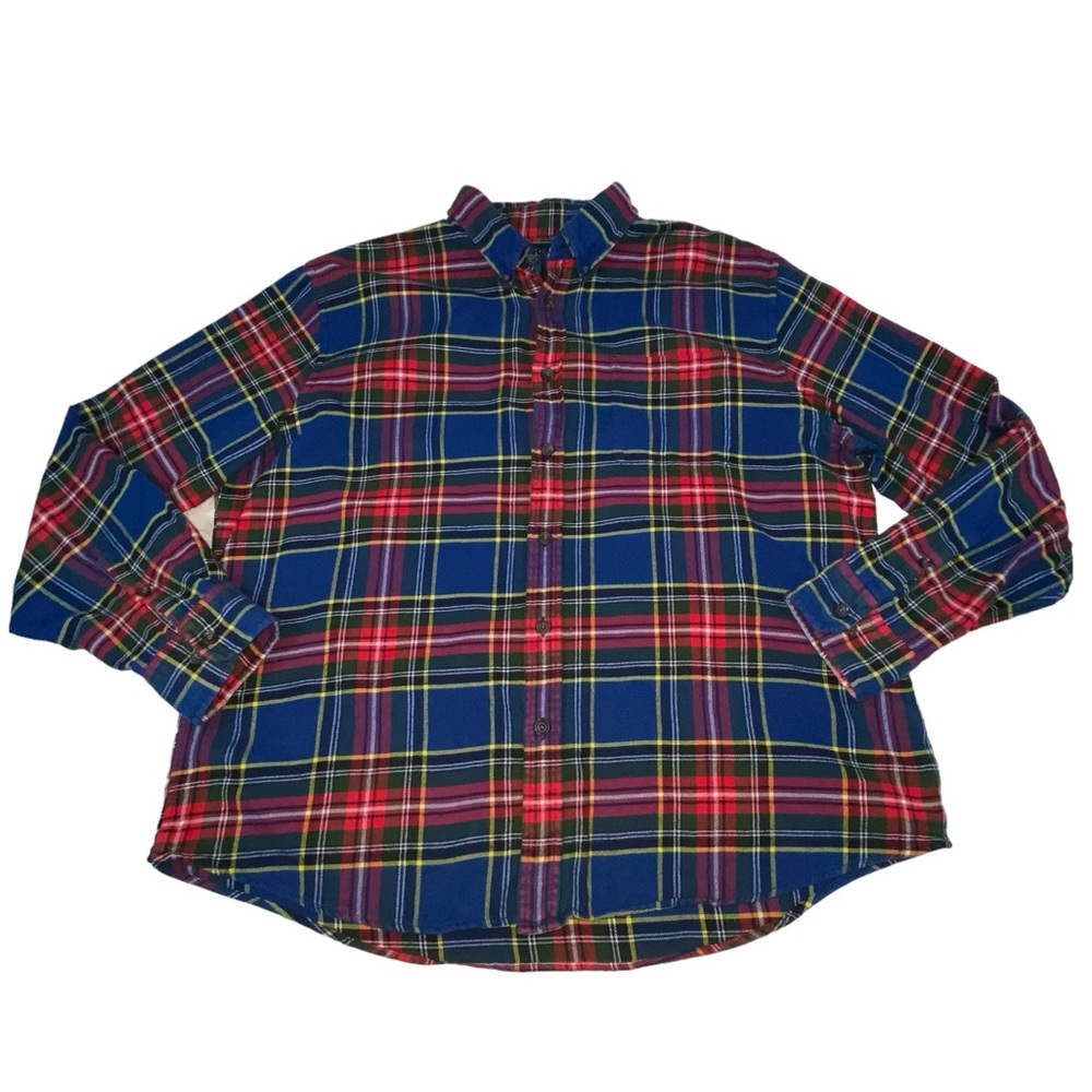 Land's End Traditional Fit Blue Red Plaid Flannel Button Down Shirt - Men’s XL